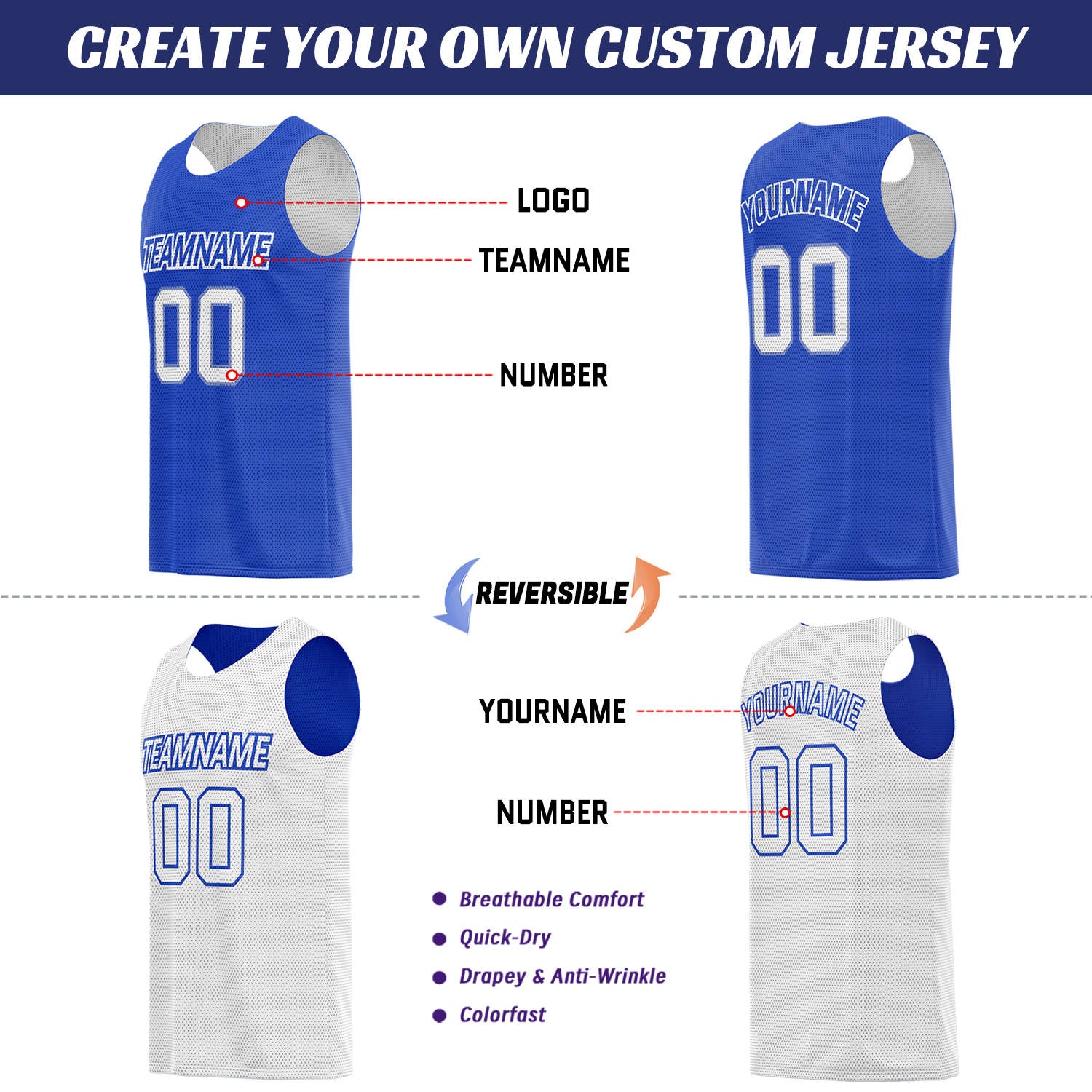 Custom Royal Blue & White Double Sided Basketball Uniform Set | Breathable Mesh Tank Top and Shorts