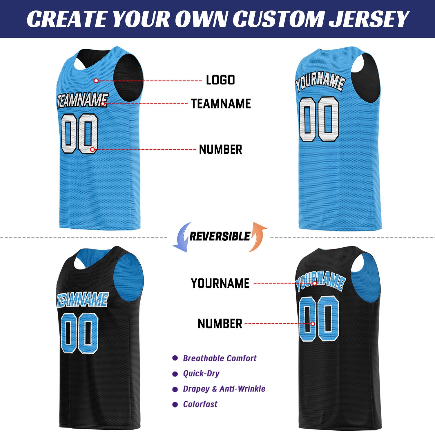 Custom Sky Blue & Black Double Sided Basketball Uniform Set | Breathable Mesh Tank Top and Shorts