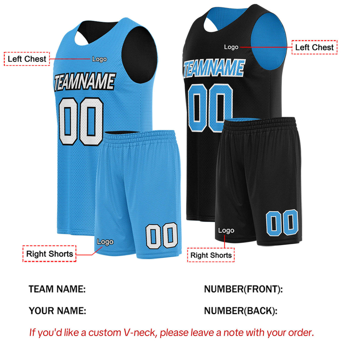 Custom Sky Blue & Black Double Sided Basketball Uniform Set | Breathable Mesh Tank Top and Shorts