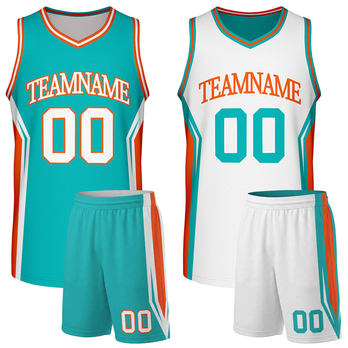 Custom reversible teal white high school basketball uniform set with team name &amp; number. Factory-direct, fast shipping.