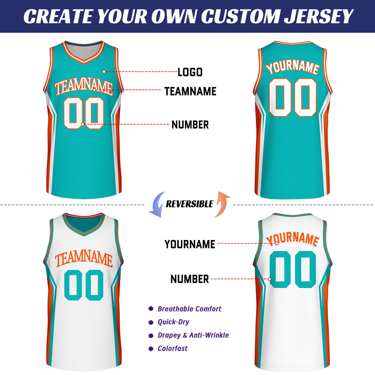 Custom Teal & White Reversible Basketball Uniform Set | Personalized School Team Uniforms for Adult & Youth