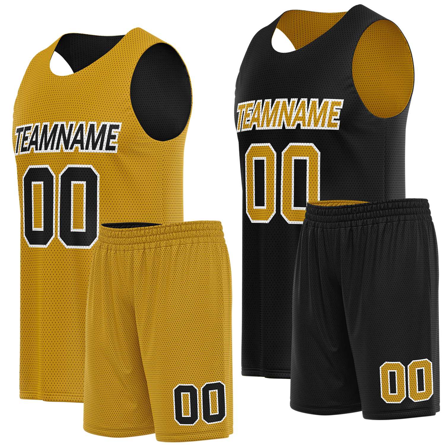 Custom reversible basketball uniforms gold black by Vosoli. Personalized team name, player number & logo. Breathable mesh. Fast delivery.