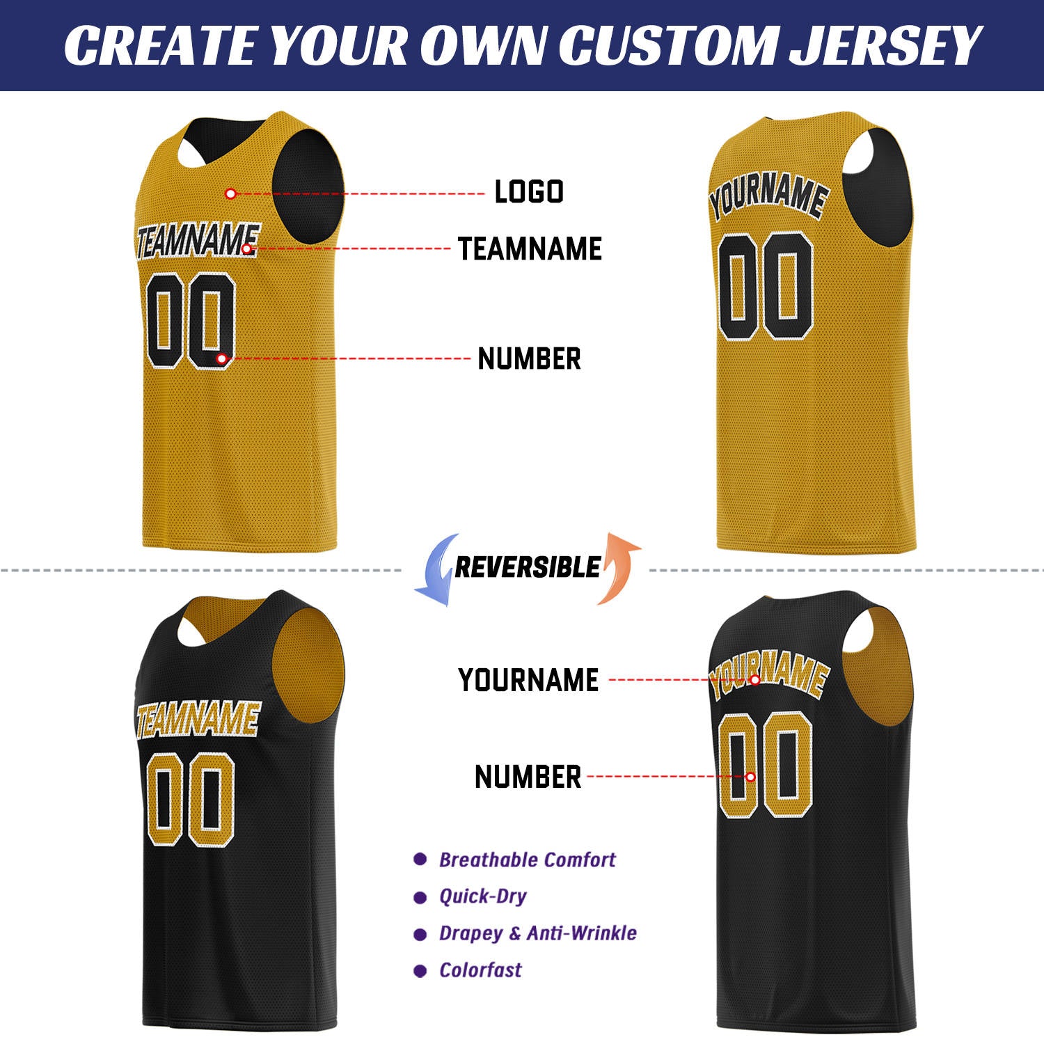 Custom Gold & Black Reversible Basketball Uniform Set | Breathable Mesh Tank Top and Shorts