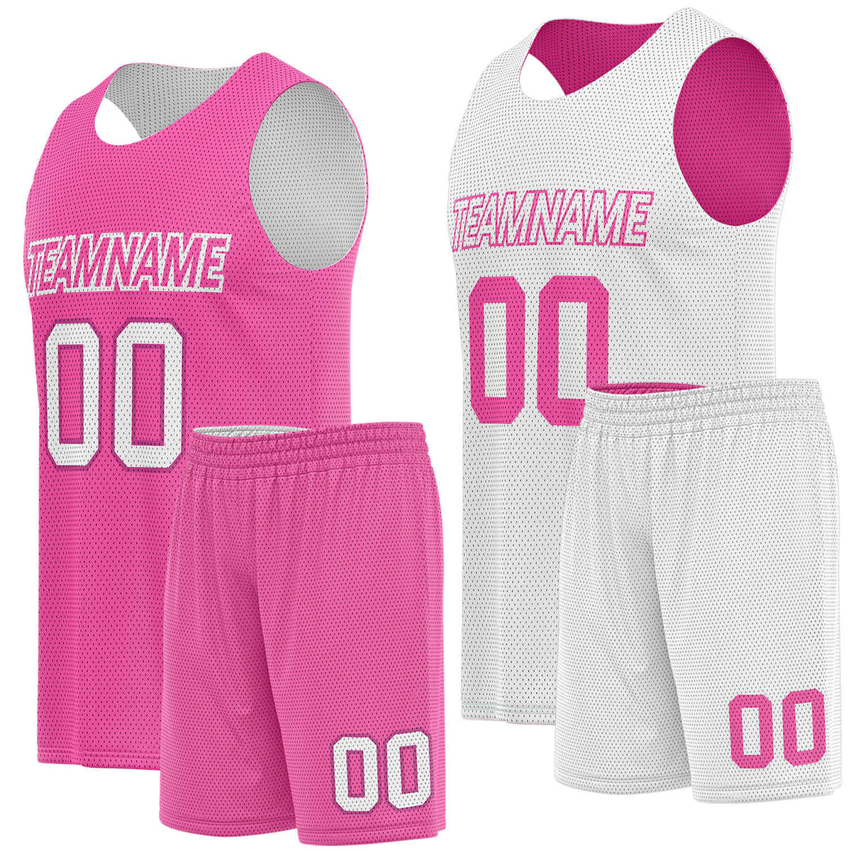 Custom reversible basketball uniforms hot pink white by Vosoli. Personalized team name, player number & logo. Breathable mesh. Fast delivery.