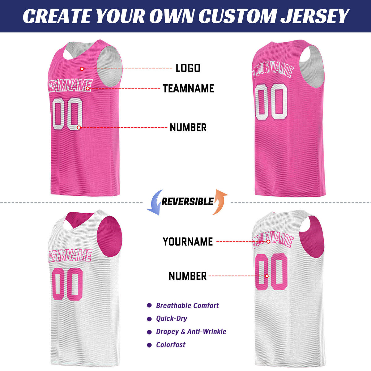 Custom Hot Pink & White Reversible Basketball Uniform Set | Breathable Mesh Tank Top and Shorts