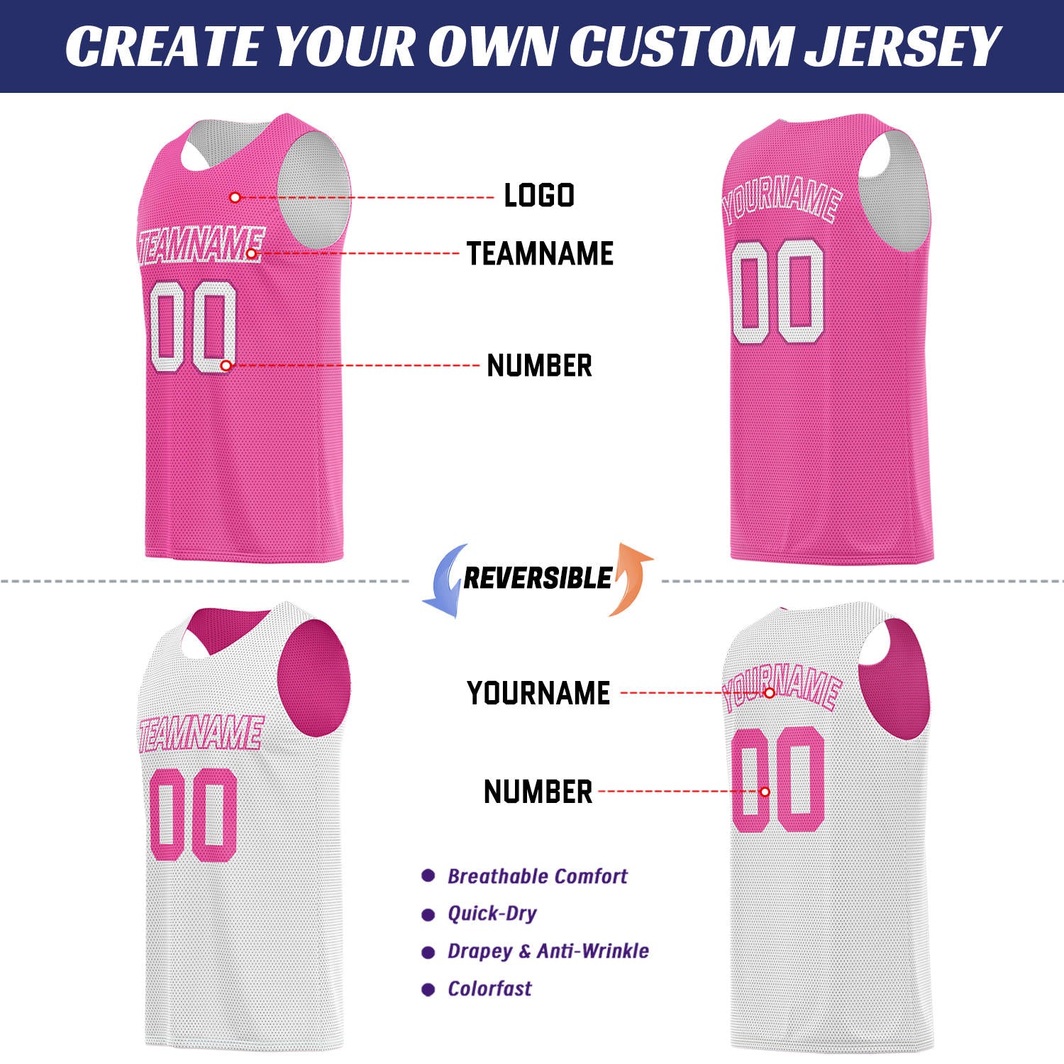 Custom Hot Pink & White Reversible Basketball Uniform Set | Breathable Mesh Tank Top and Shorts