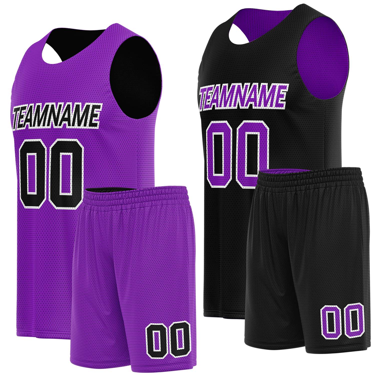 Custom reversible basketball uniforms purple black by Vosoli. Personalized team name, player number & logo. Breathable mesh. Fast delivery.