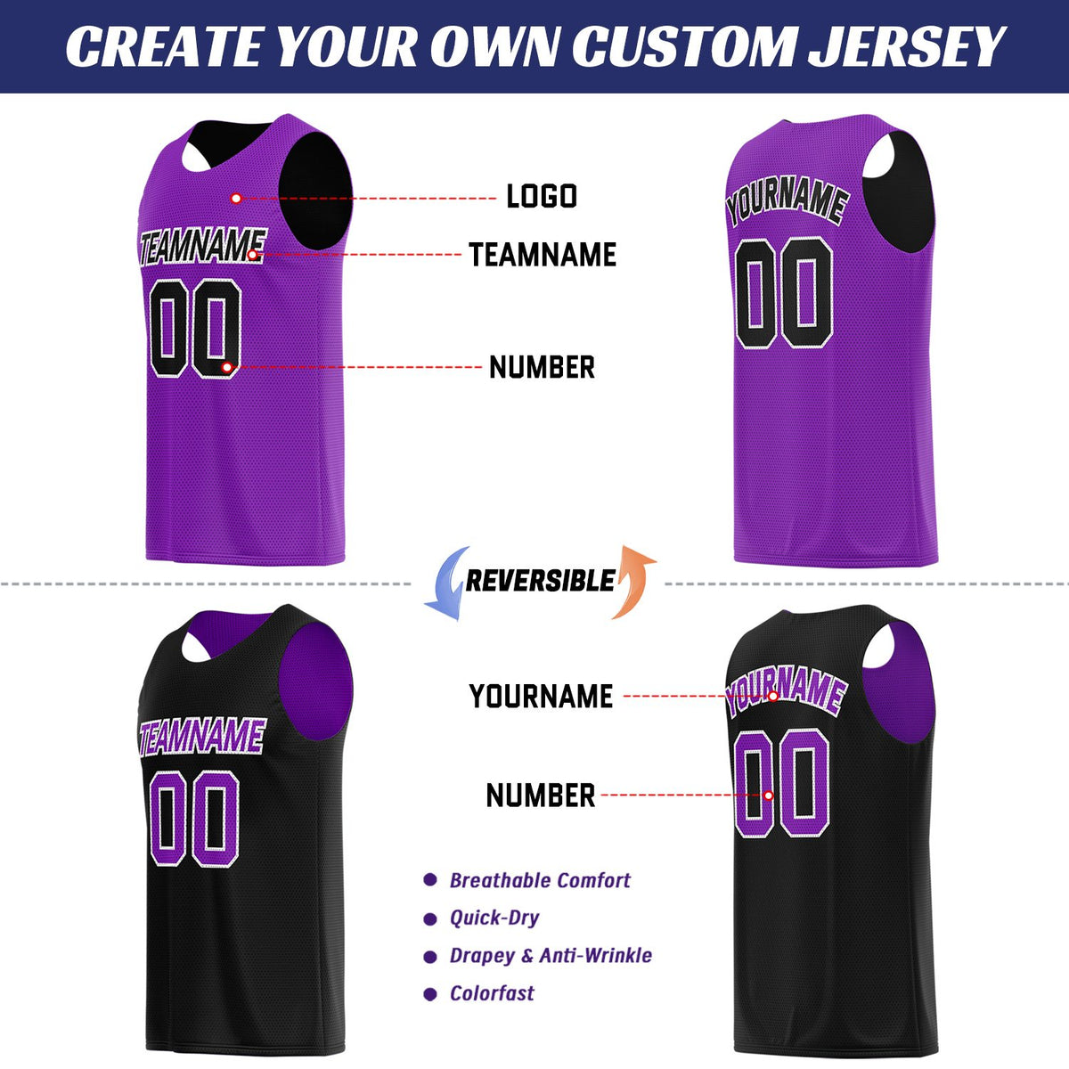 Custom Purple & Black Reversible Basketball Uniform Set | Breathable Mesh Tank Top and Shorts