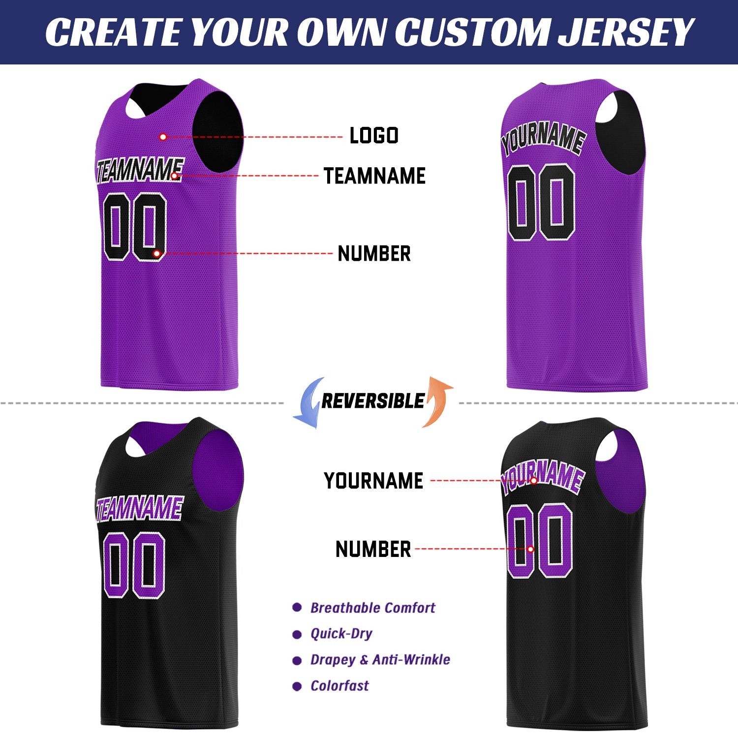Custom Purple & Black Reversible Basketball Uniform Set | Breathable Mesh Tank Top and Shorts