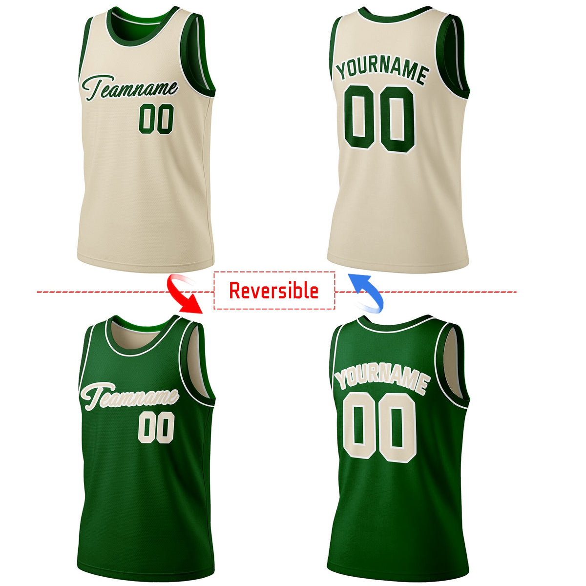 Custom Reversible Beige & Green Basketball Jersey | Personalized Team Jersey | Vosoli