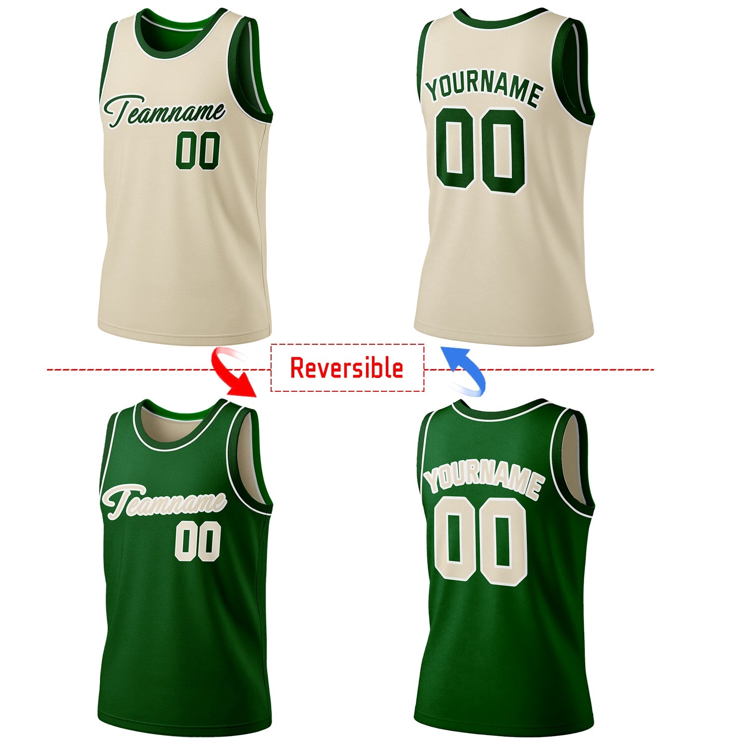 Custom reversible beige & green basketball jersey, personalized script team name number Logo breathable sports top for men women youth Adult game practice - Vosoli