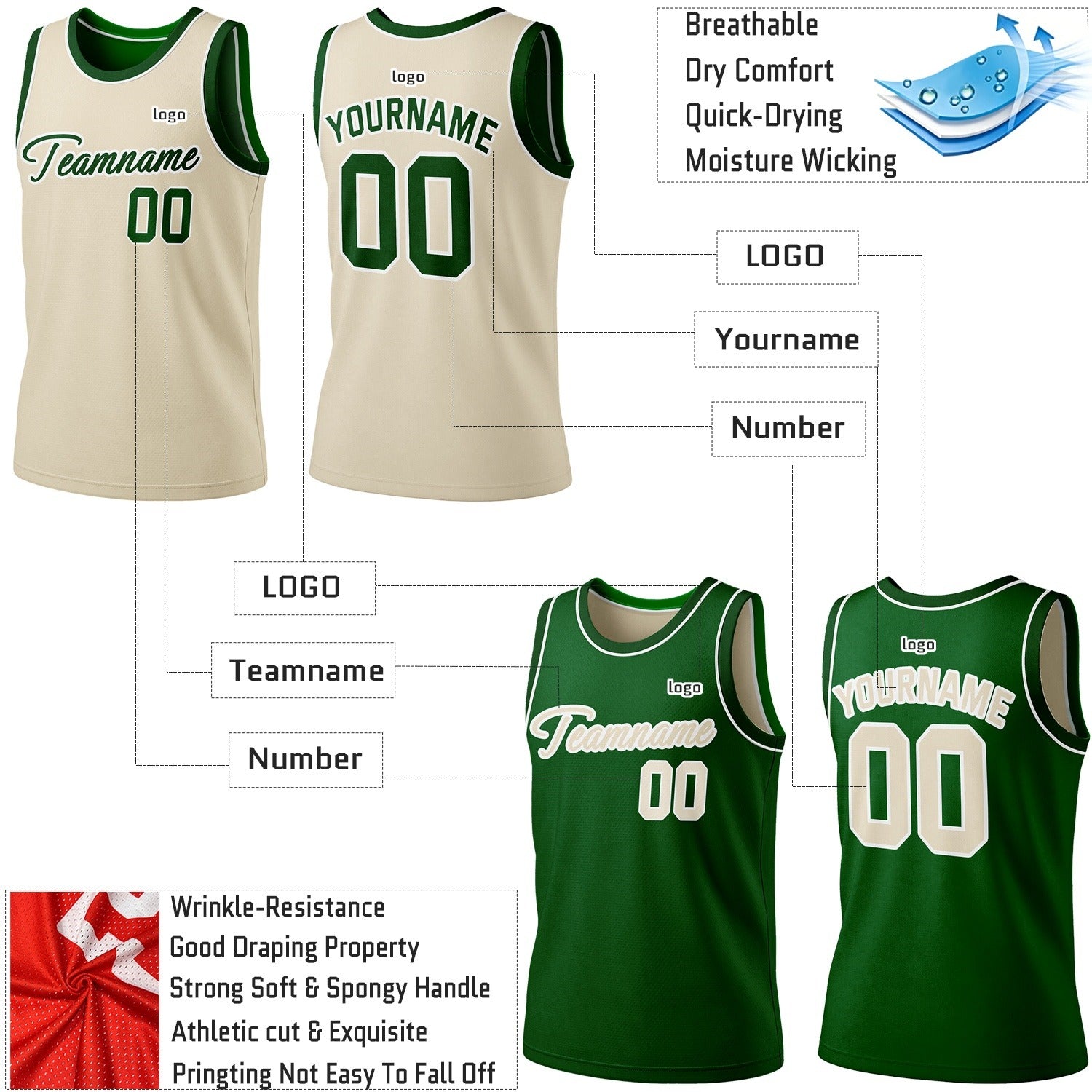 Custom Reversible Beige & Green Basketball Jersey | Personalized Team Jersey | Vosoli