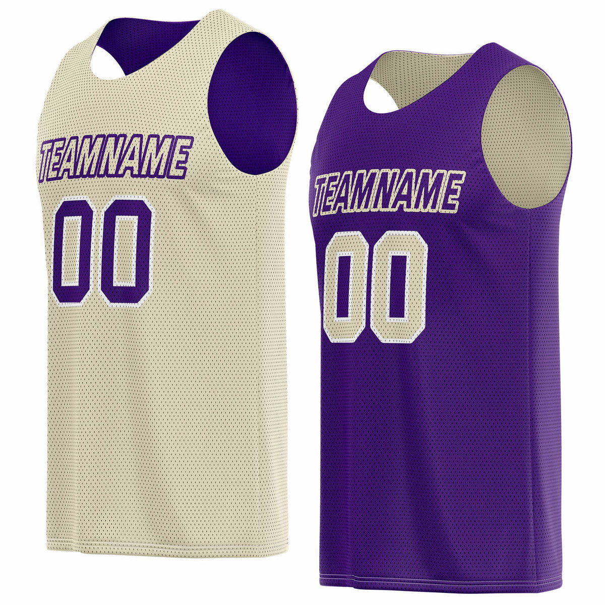 Custom reversible beige &amp; purple basketball jersey, personalized team name number logo breathable mesh sports top for men women youth game practice wear - Vosoli
