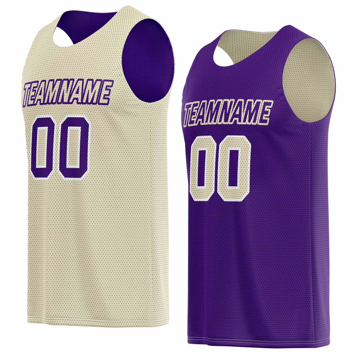 Custom reversible beige & purple basketball jersey, personalized team name number logo breathable mesh sports top for men women youth game practice wear - Vosoli