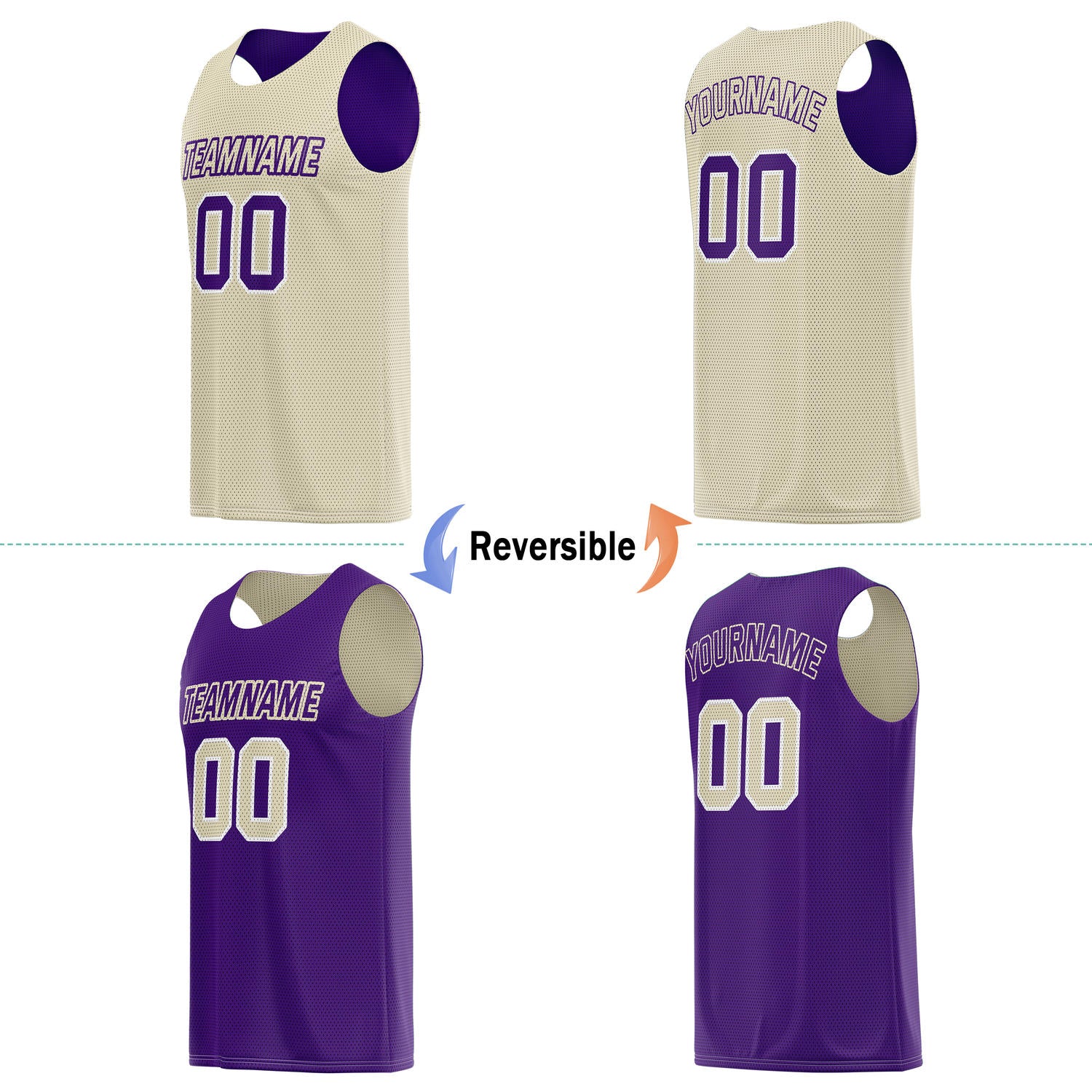 Custom reversible beige & purple basketball jersey, personalized team name number logo breathable mesh sports top for men women youth game practice wear - Vosoli