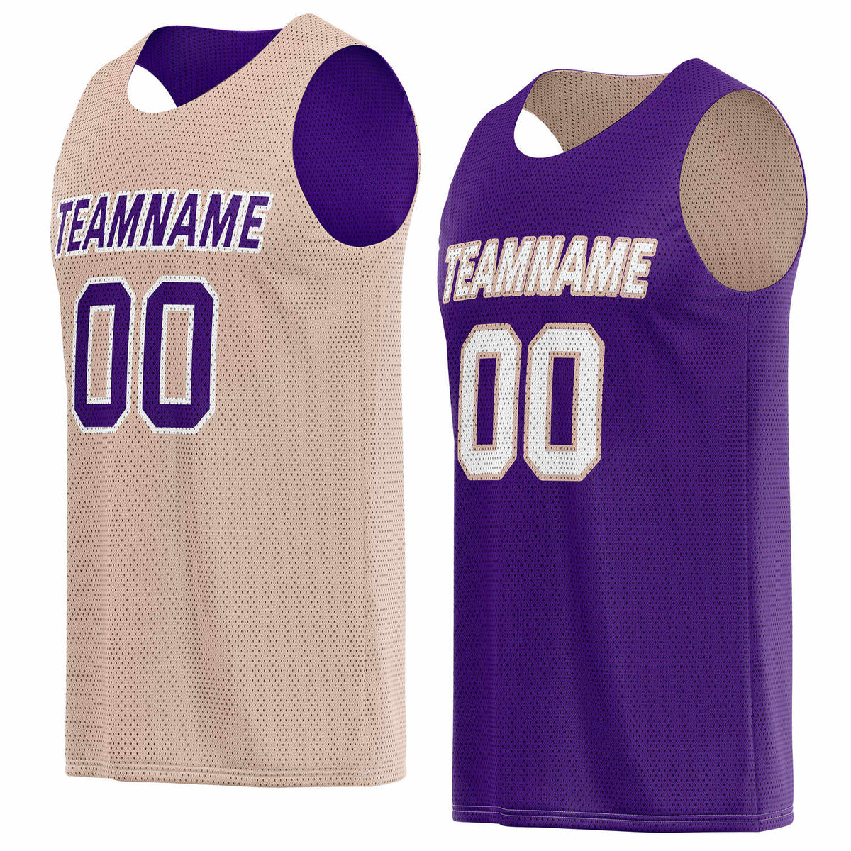 Custom reversible beige &amp; purple basketball jersey, personalized team name number logo breathable mesh sports top for men women youth game practice wear - Vosoli