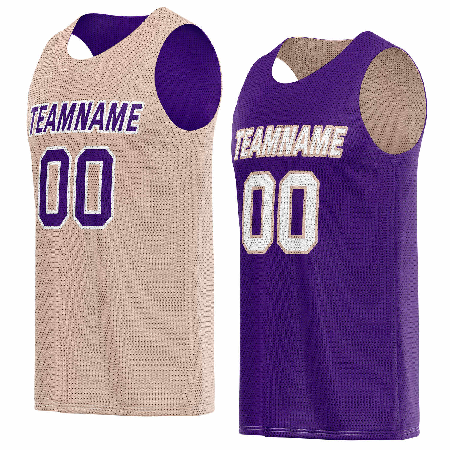 Custom reversible beige & purple basketball jersey, personalized team name number logo breathable mesh sports top for men women youth game practice wear - Vosoli