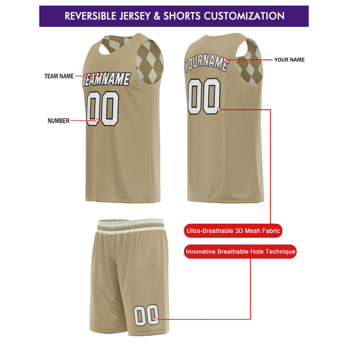 Custom Reversible Basketball Jersey + Shorts Set (Beige & White) - Personalized Team Name, Number & LOGO | Vosoli