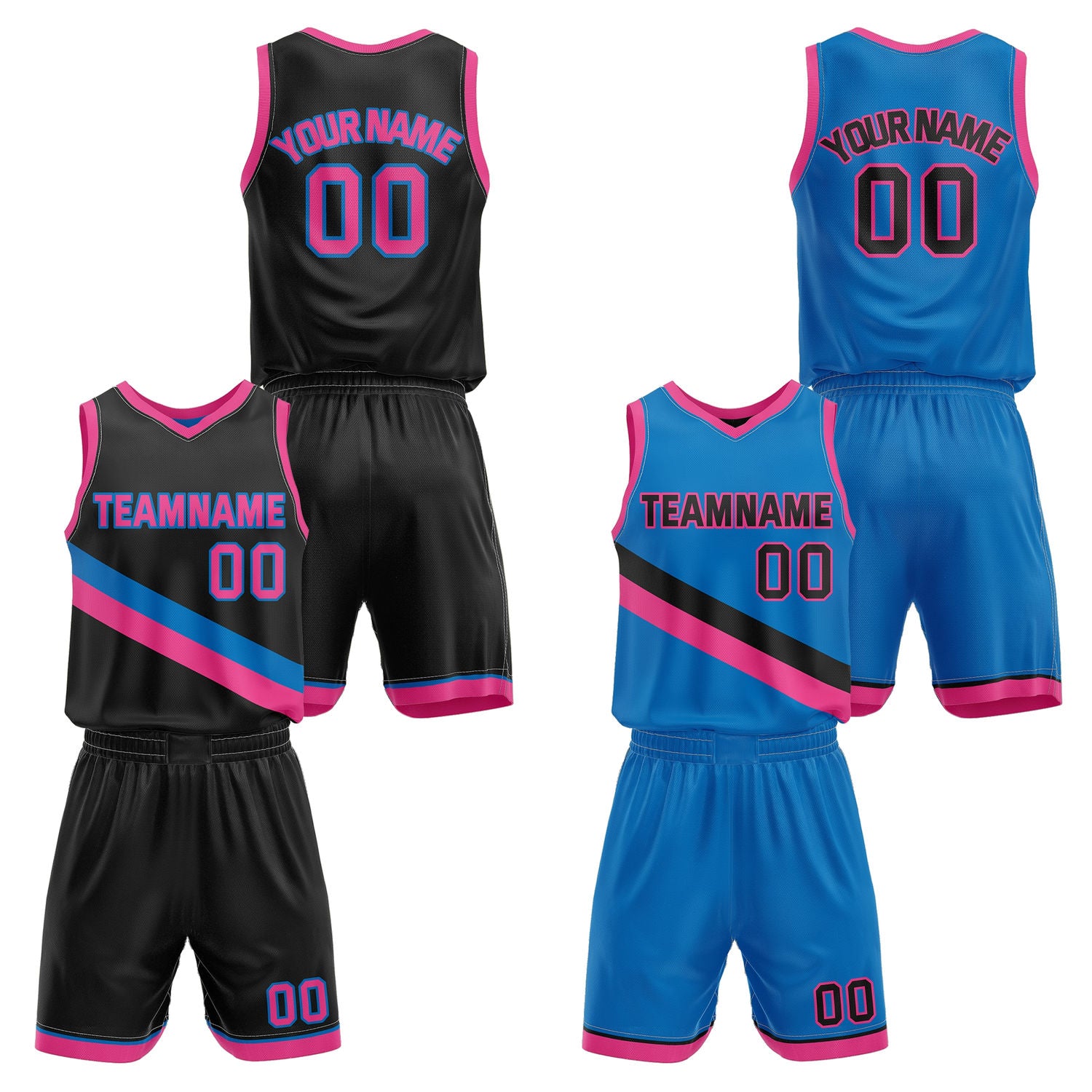 Custom Reversible Black Blue Pink Basketball Uniform Set | Team & Player Name - Vosoli