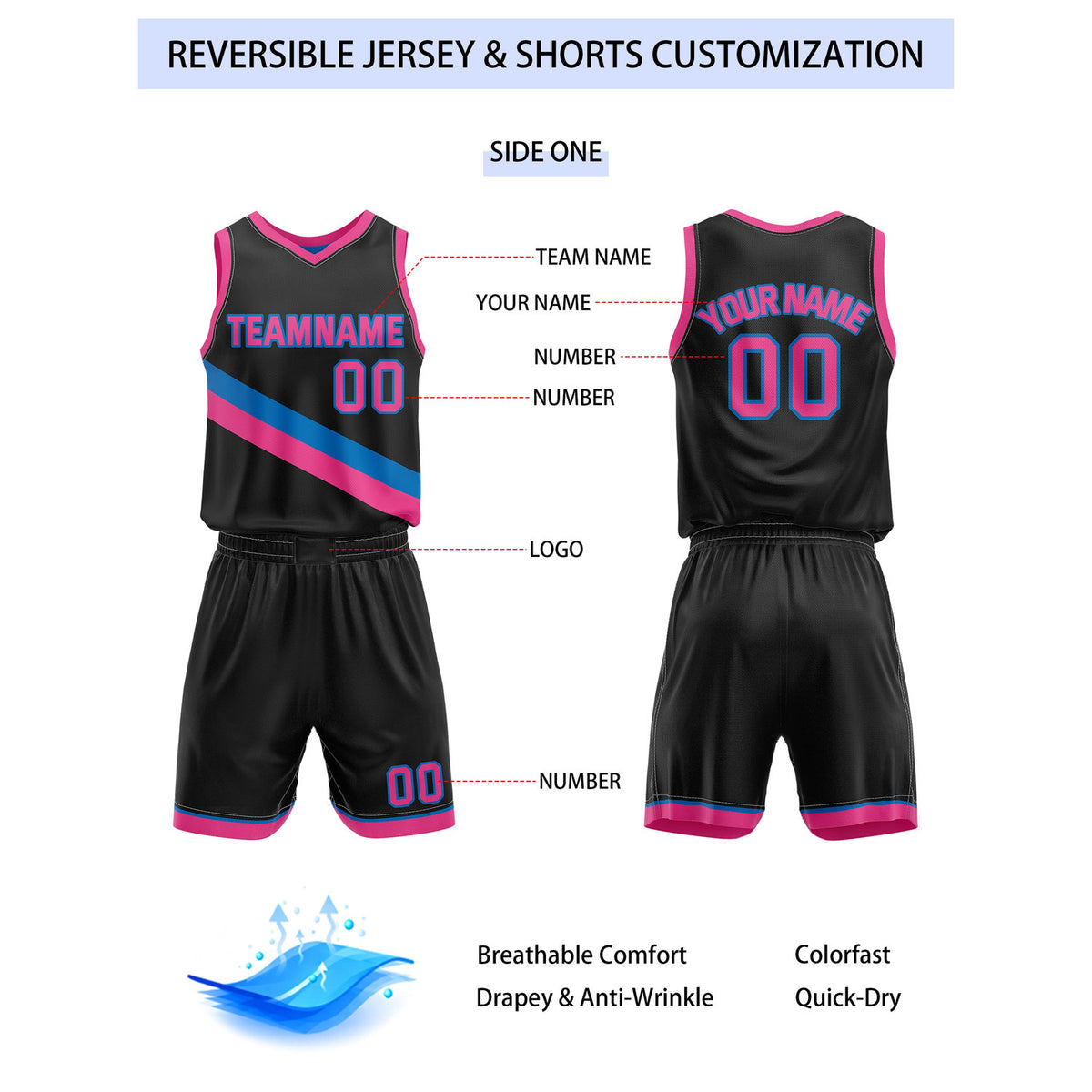 Custom Reversible Black Blue Pink Basketball Uniform Set | Team & Player Name - Vosoli
