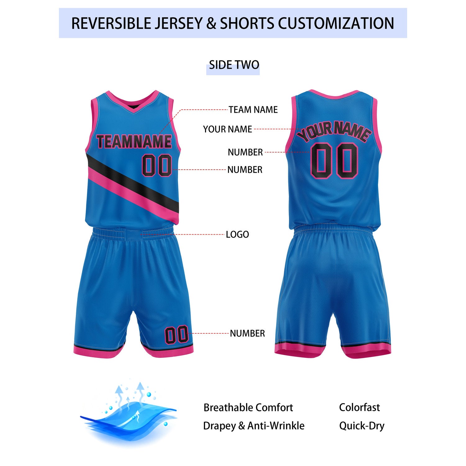 Custom Reversible Black Blue Pink Basketball Uniform Set | Team & Player Name - Vosoli
