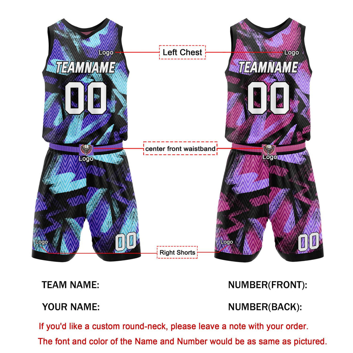 Custom Reversible Basketball Jersey + Shorts Set (Black-Purple-Pink Geo Pattern) - Personalized Team Name, Number & LOGO | Vosoli