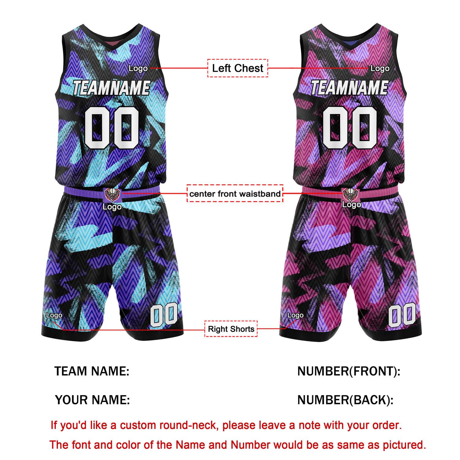Custom Reversible Basketball Jersey + Shorts Set (Black-Purple-Pink Geo Pattern) - Personalized Team Name, Number & LOGO | Vosoli