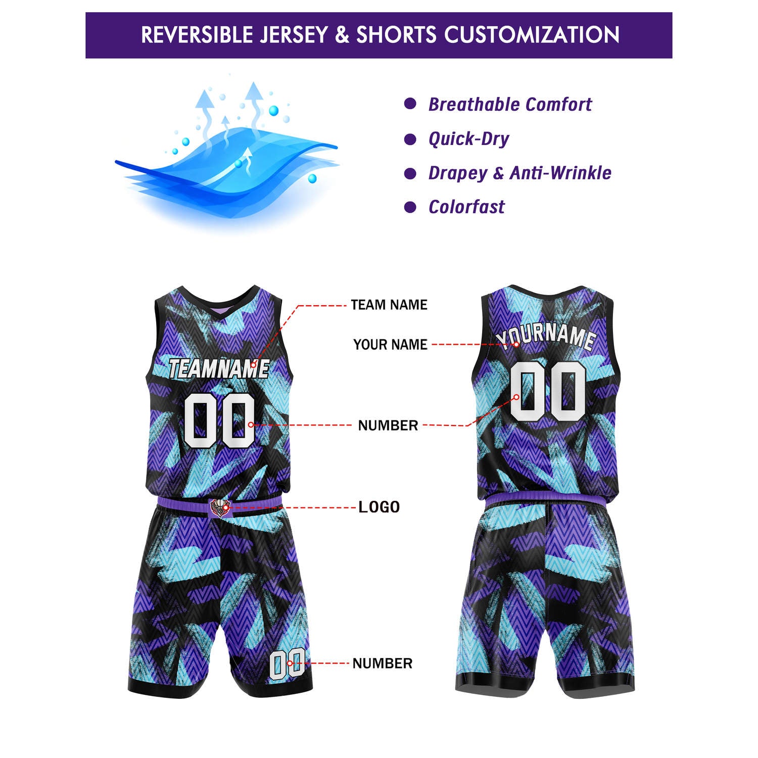 Custom Reversible Basketball Jersey + Shorts Set (Black-Purple-Pink Geo Pattern) - Personalized Team Name, Number & LOGO | Vosoli