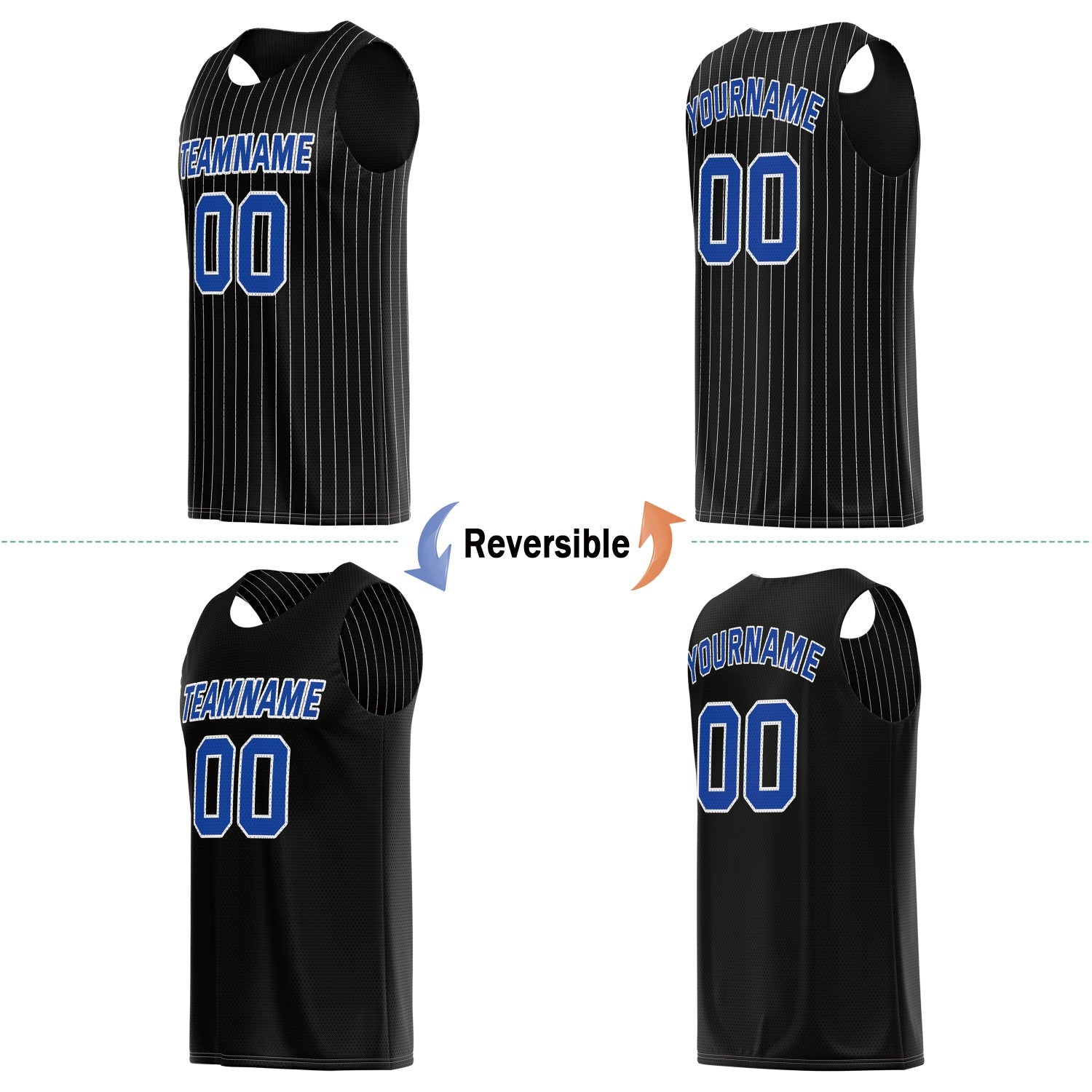 Custom Reversible Black Blue Pinstripe Basketball Jersey, Personalized Team Name Number Breathable Mesh Uniform for Men Women Youth