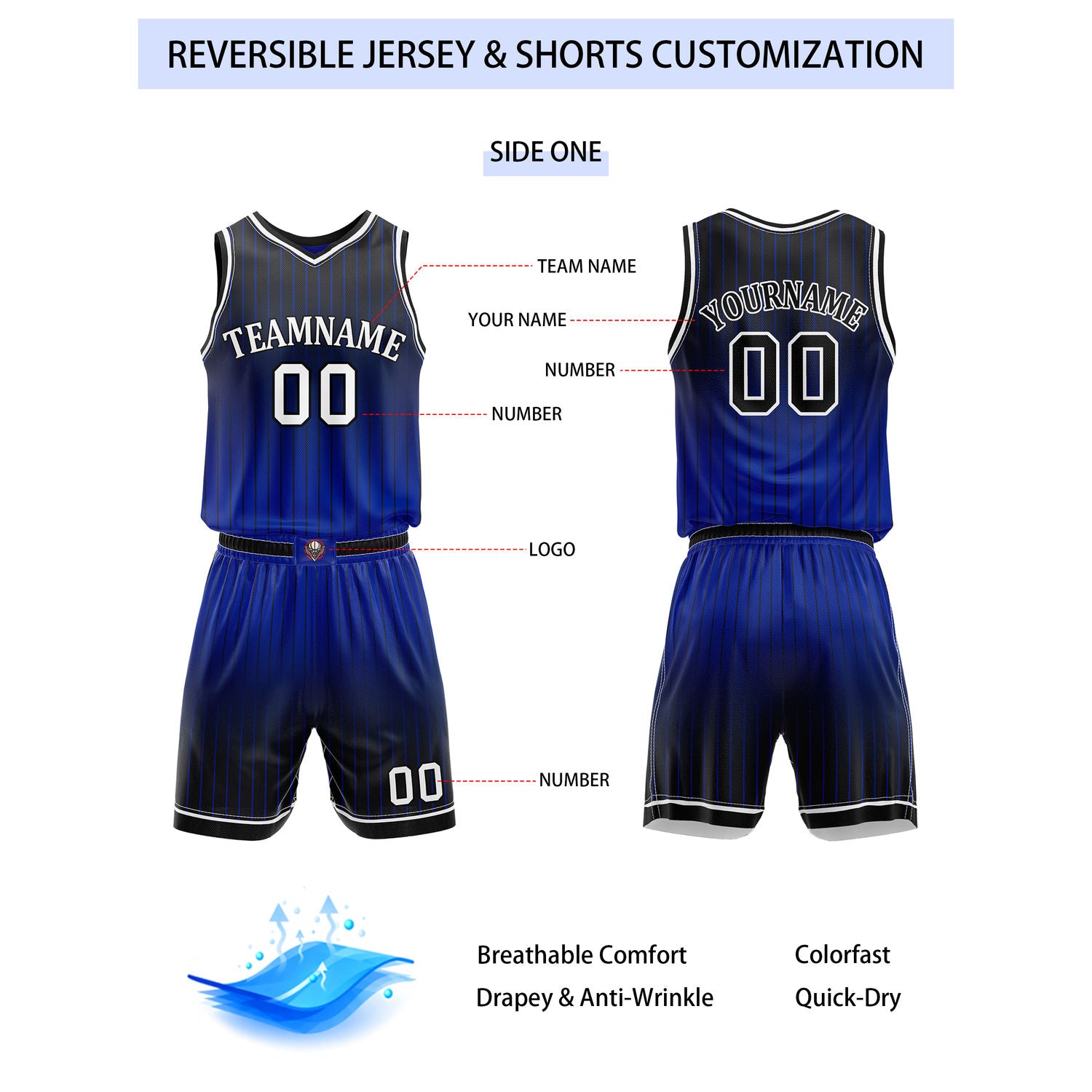 Custom Reversible Black Blue Striped Basketball Uniform Set | Team & Player Name - Vosoli