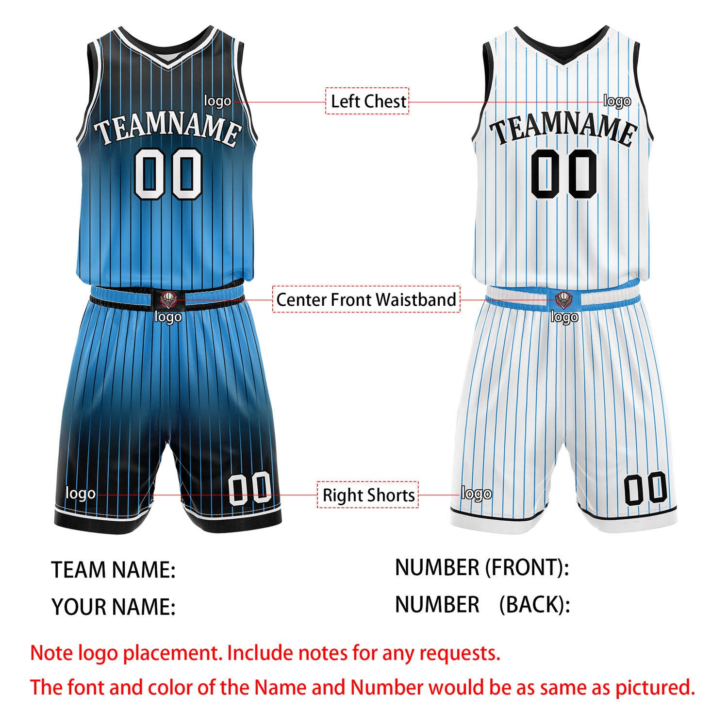 Custom Reversible Black Blue White Gradient Striped Basketball Uniform Set | Team & Player Name - Vosoli