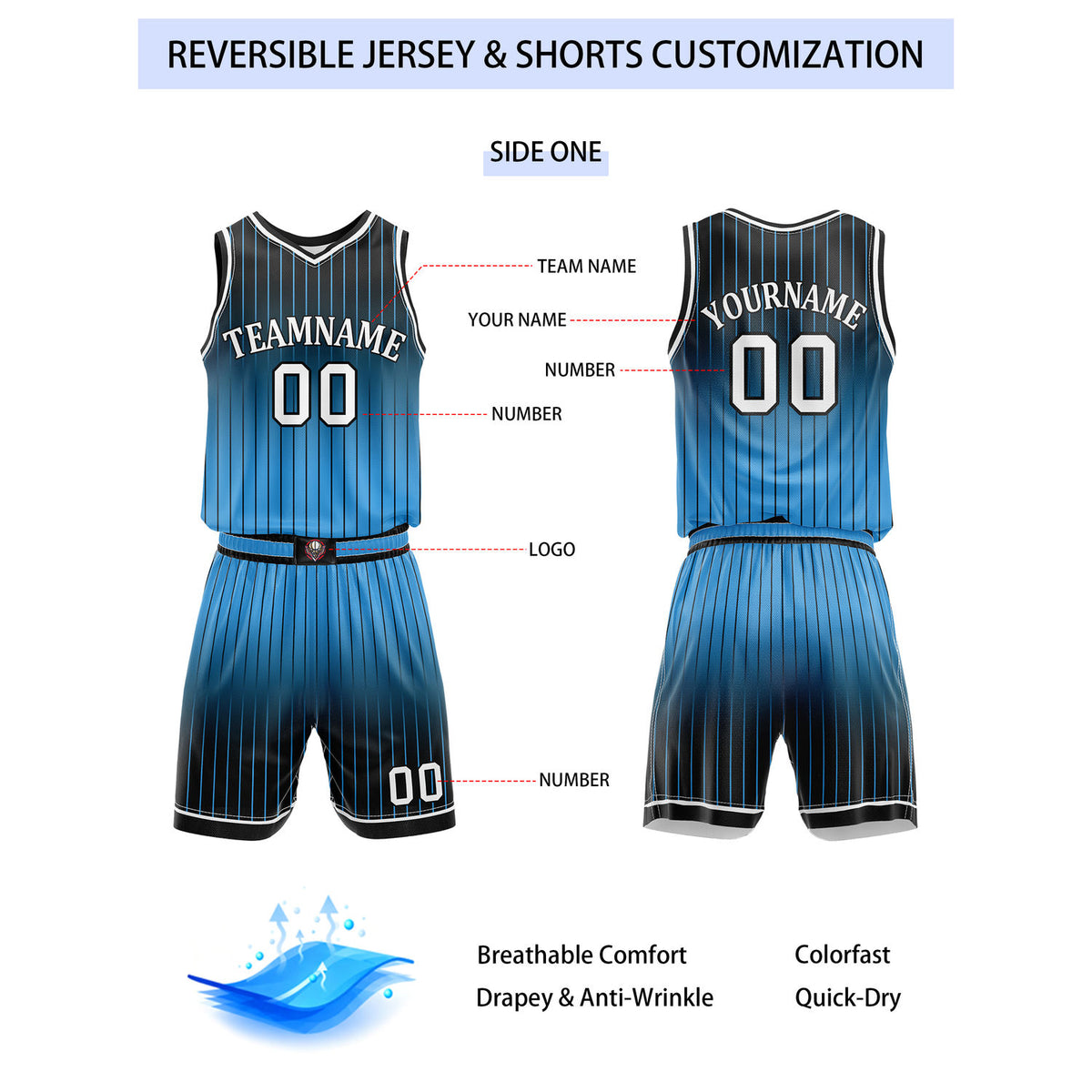 Custom Reversible Black Blue White Gradient Striped Basketball Uniform Set | Team & Player Name - Vosoli