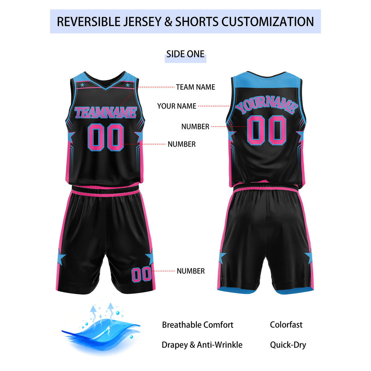 Custom Reversible Black Bright Blue Star Basketball Uniform Set | Team Name & Number - Vosoli