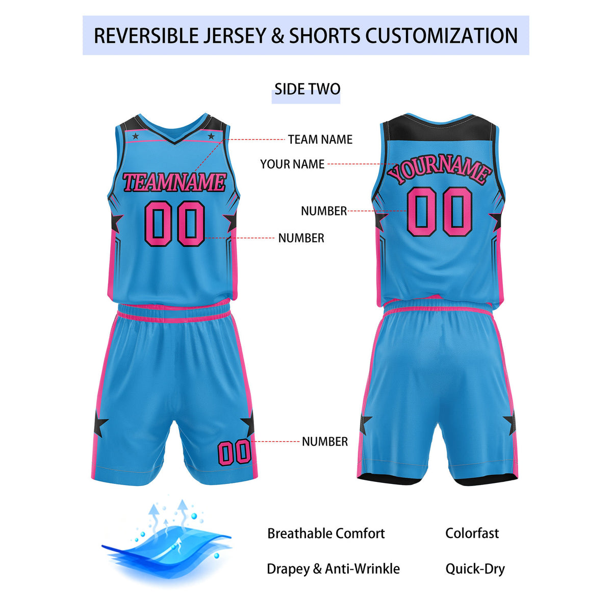 Custom Reversible Black Bright Blue Star Basketball Uniform Set | Team Name & Number - Vosoli