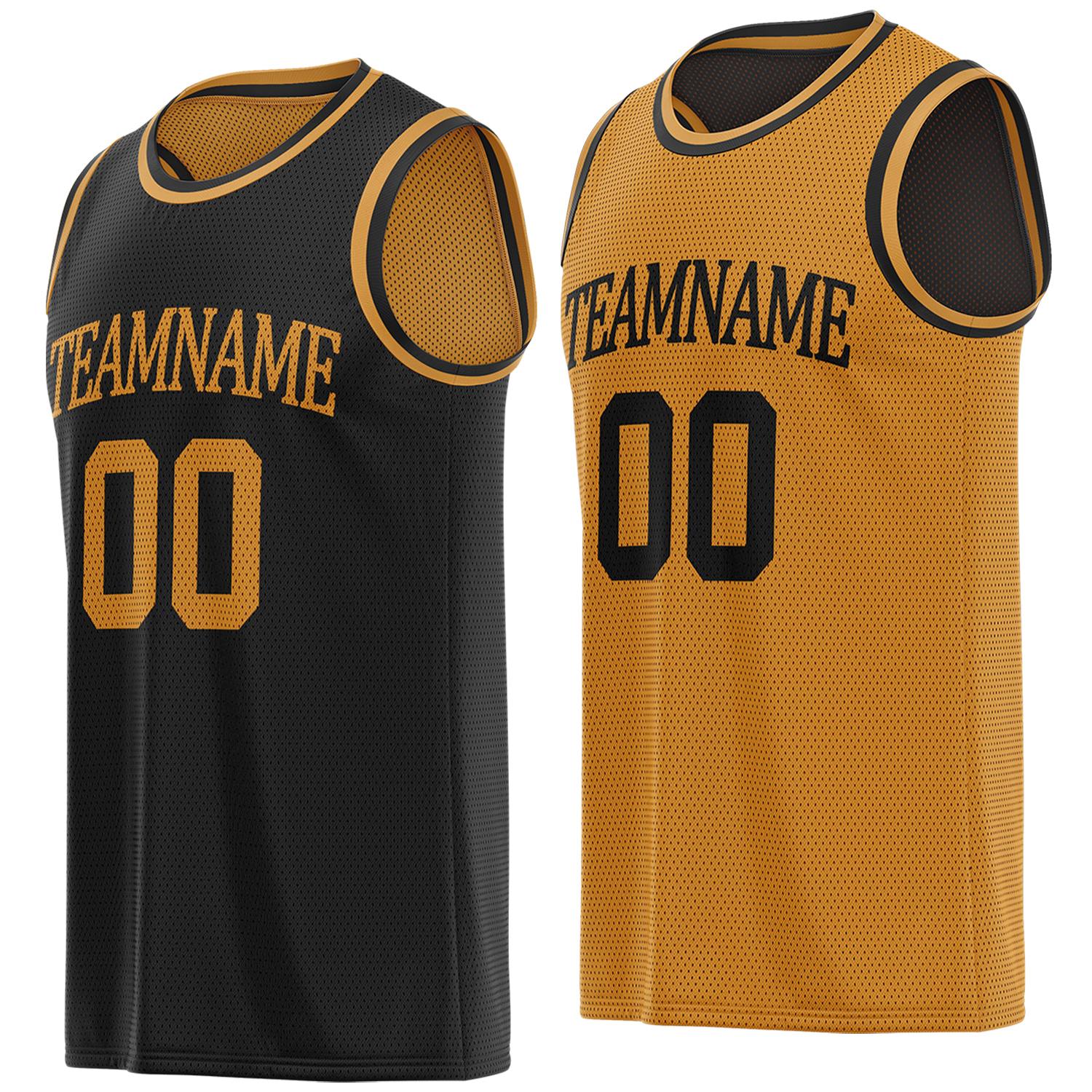 Custom reversible black & gold basketball jersey, personalized team name number logo breathable mesh sports top for men women youth game practice - Vosoli