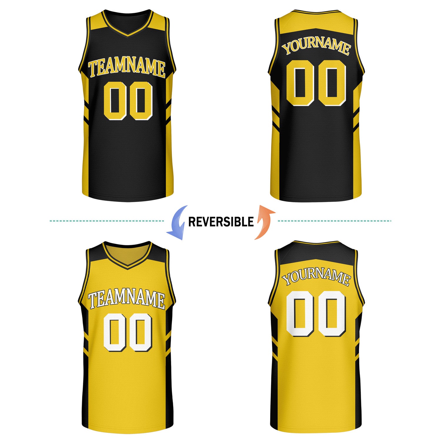 Custom reversible black gold basketball jersey, personalized team name number logo breathable mesh sports top for men women youth game practice wear - Vosoli