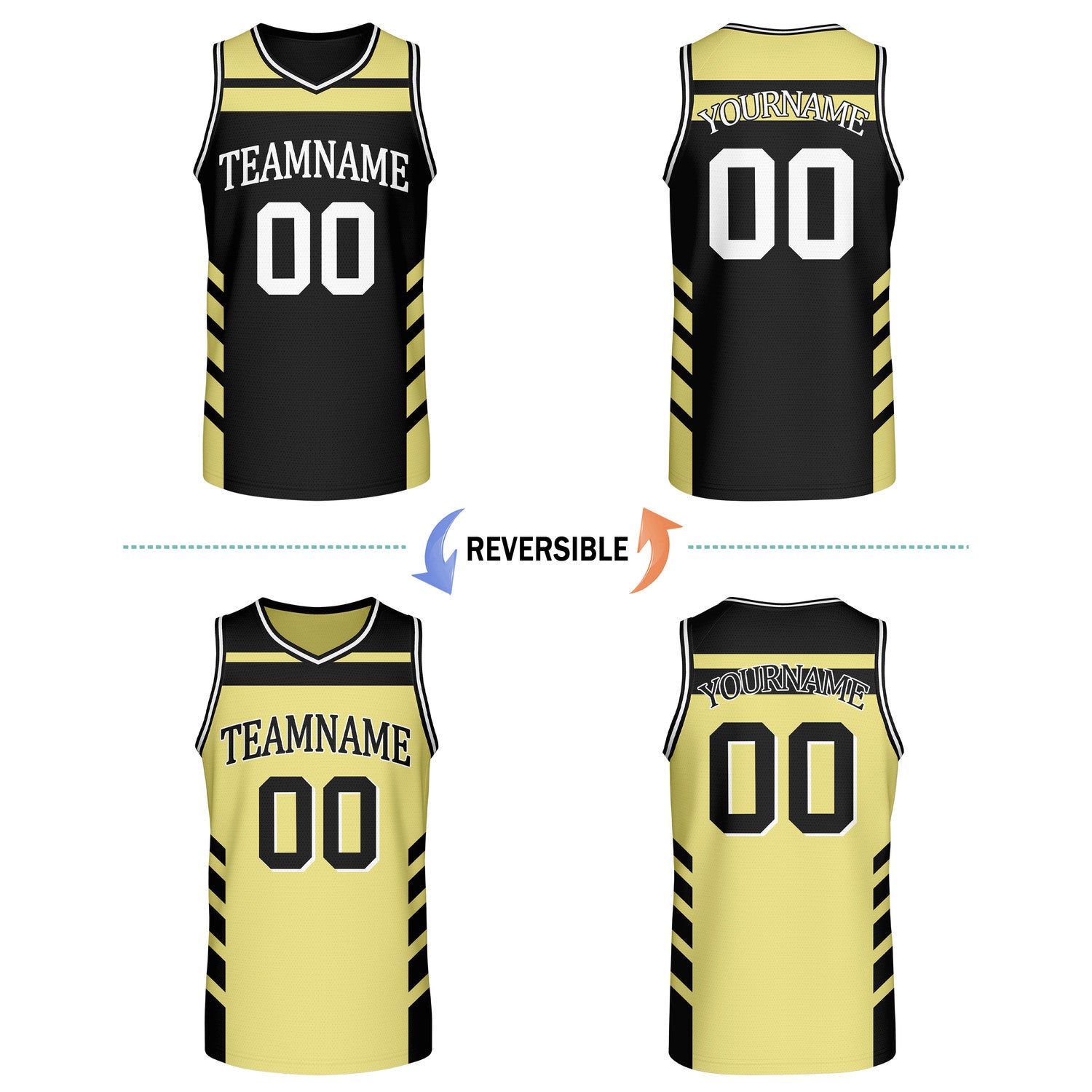 Custom reversible black gold basketball jersey, personalized team name number logo breathable mesh sports top for men women youth game practice wear - Vosoli