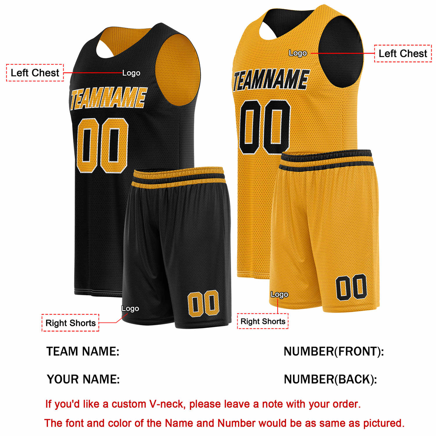 Custom Reversible Black Gold Basketball Uniform Set | Team Name & Number - Vosoli