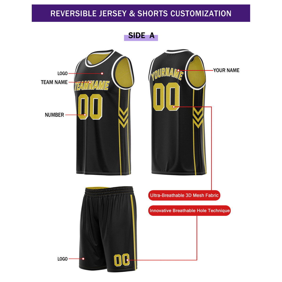 Custom Reversible Black Gold Basketball Uniform Set | Team Name & Number - Vosoli