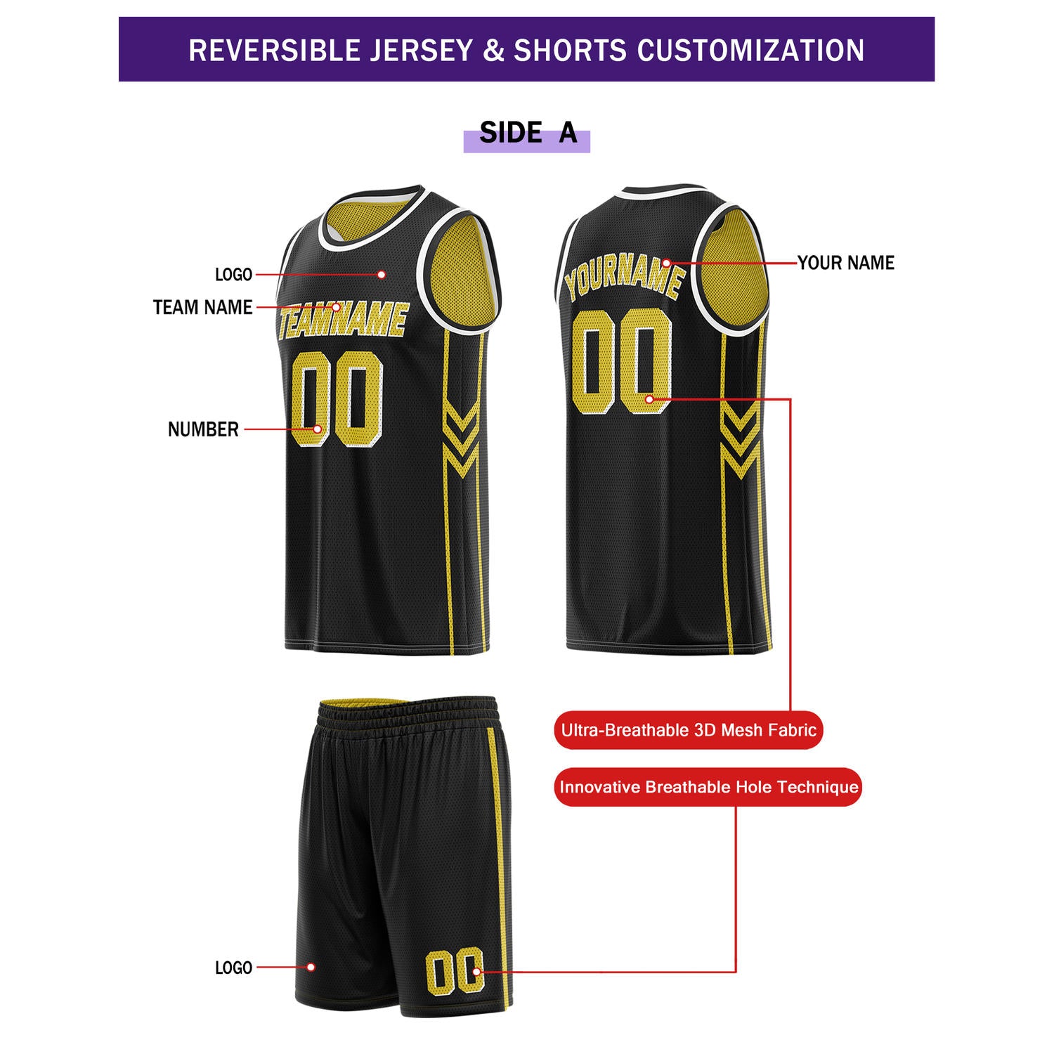 Custom Reversible Black Gold Basketball Uniform Set | Team Name & Number - Vosoli