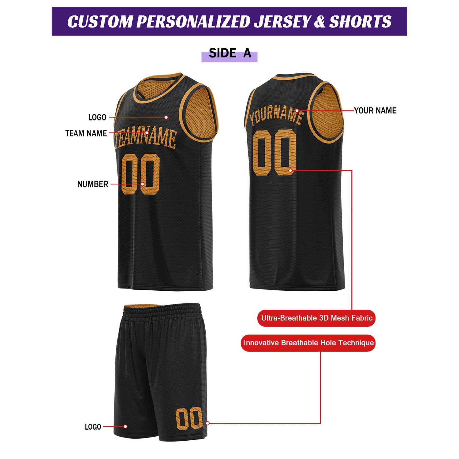 Custom Reversible Black & Gold Basketball Uniform Set | Personalized for Team Sports Practice - Vosoli