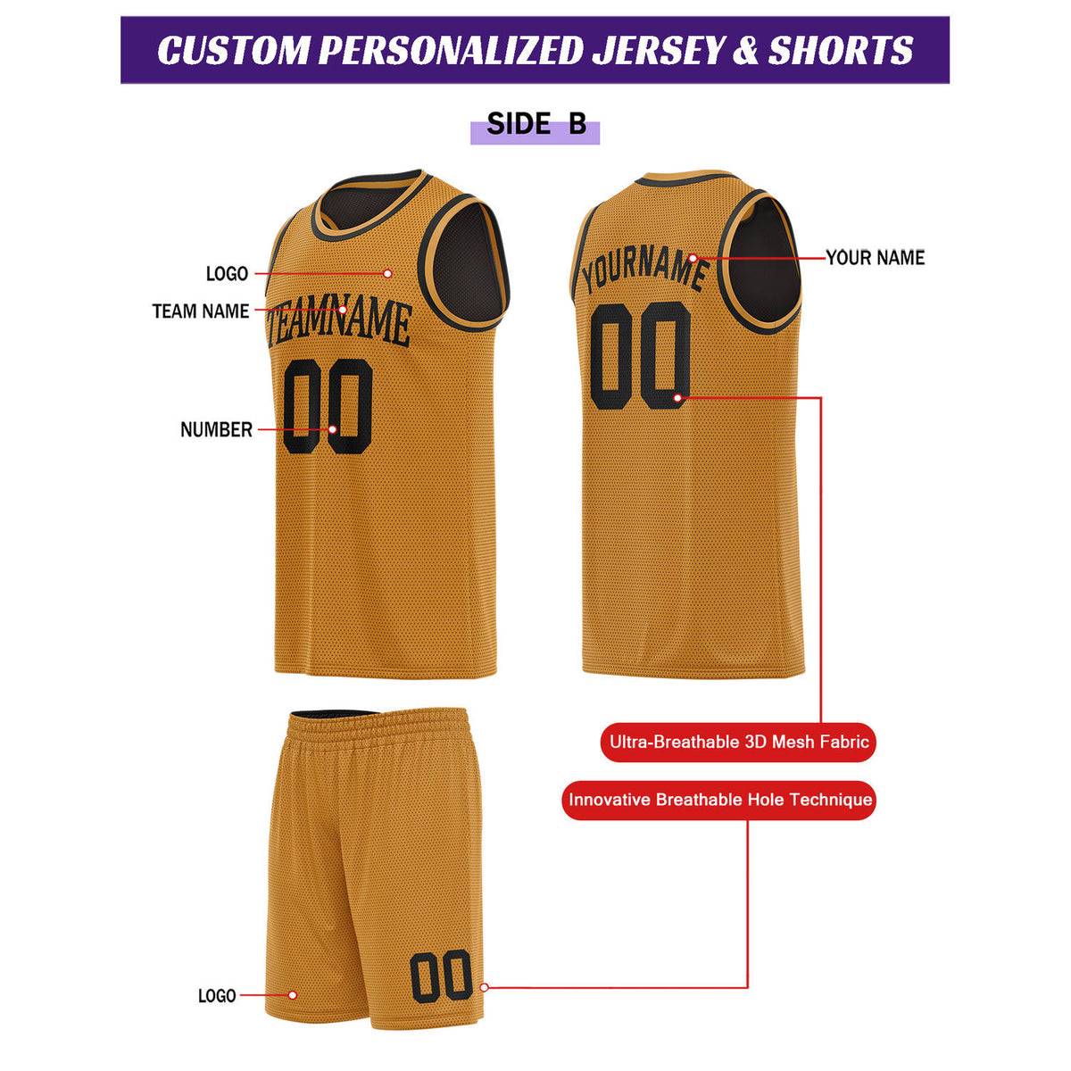 Custom Reversible Black & Gold Basketball Uniform Set | Personalized for Team Sports Practice - Vosoli