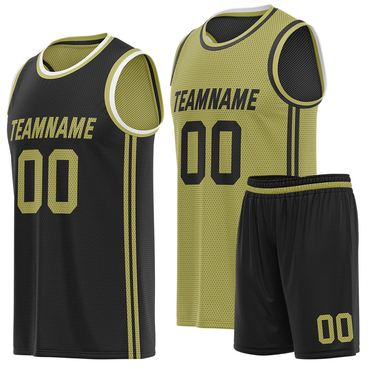 Custom reversible black &amp; gold basketball uniform (jersey + shorts), personalized team name number logo breathable mesh sports set for men women youth game practice - Vosoli