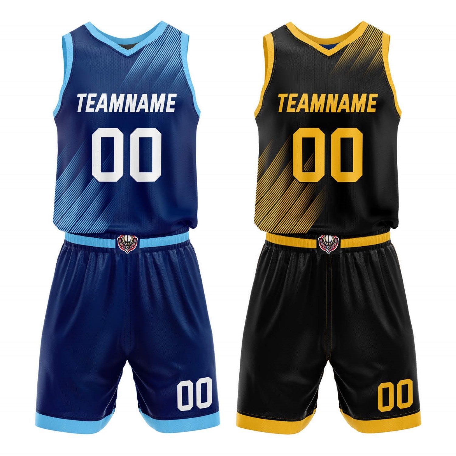 Custom Reversible Basketball Jersey + Shorts Set (Navy-Light Blue & Black-Gold Line Pattern) - Personalized Team Name, Number & LOGO | Vosoli
