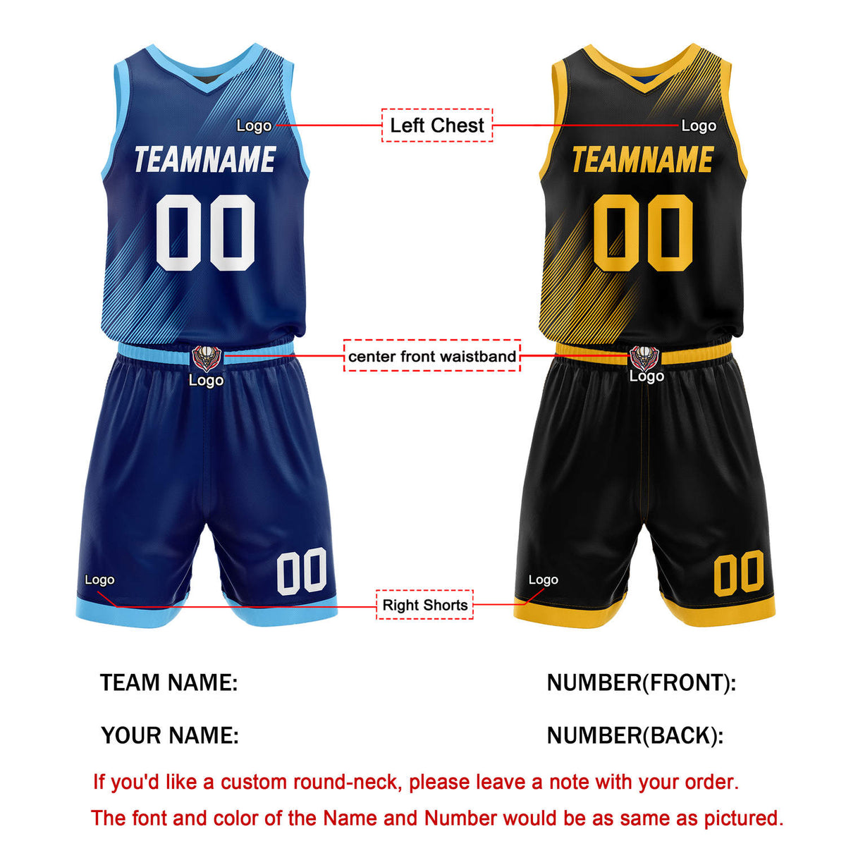 Custom Reversible Basketball Jersey + Shorts Set (Navy-Light Blue & Black-Gold Line Pattern) - Personalized Team Name, Number & LOGO | Vosoli