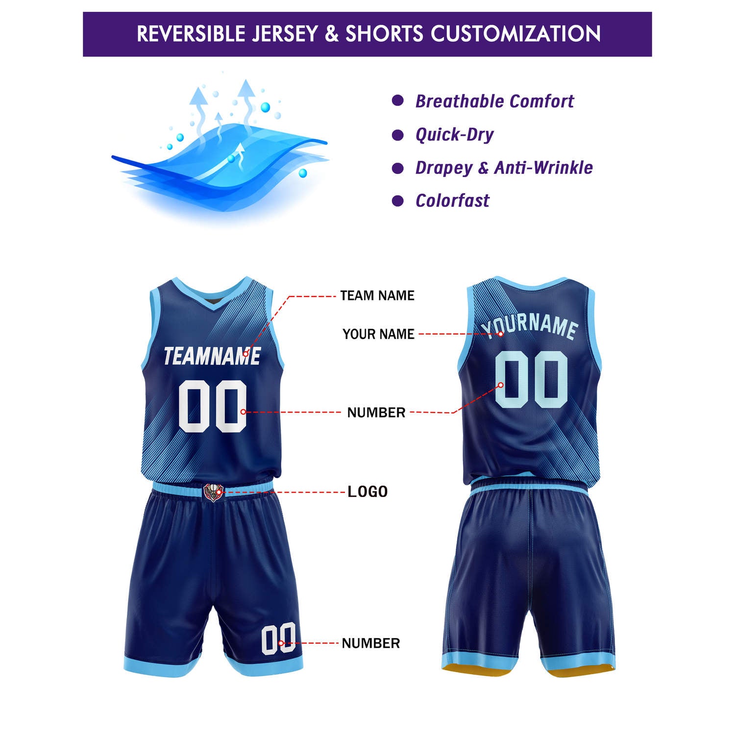 Custom Reversible Basketball Jersey + Shorts Set (Navy-Light Blue & Black-Gold Line Pattern) - Personalized Team Name, Number & LOGO | Vosoli
