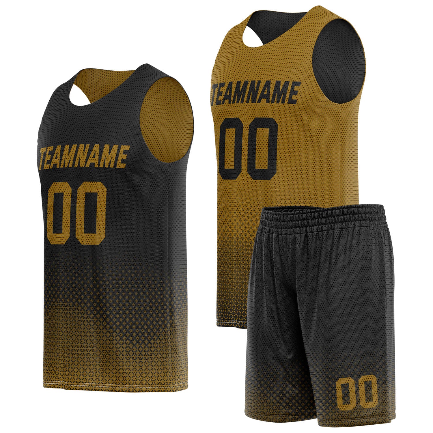 Custom reversible black gold basketball uniform, personalized team name number logo breathable Mesh sports set for men women youth game practice wear - Vosoli
