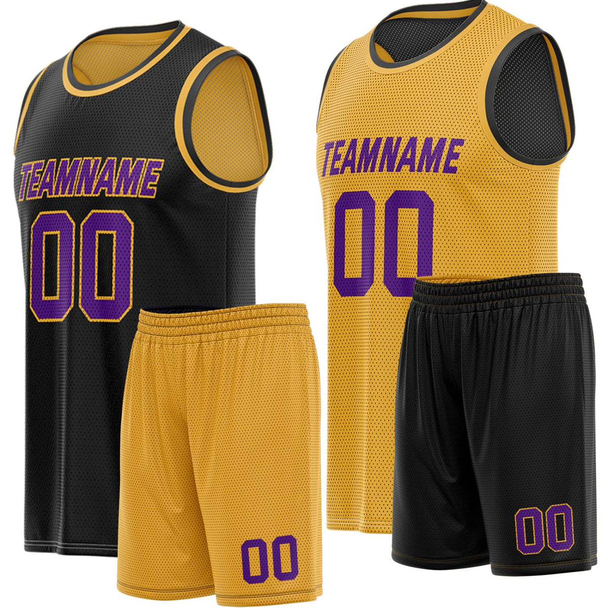 Custom reversible black &amp; gold basketball uniform, personalized team name number Logo breathable Mesh sports set for men women youth Adult game practice - Vosoli