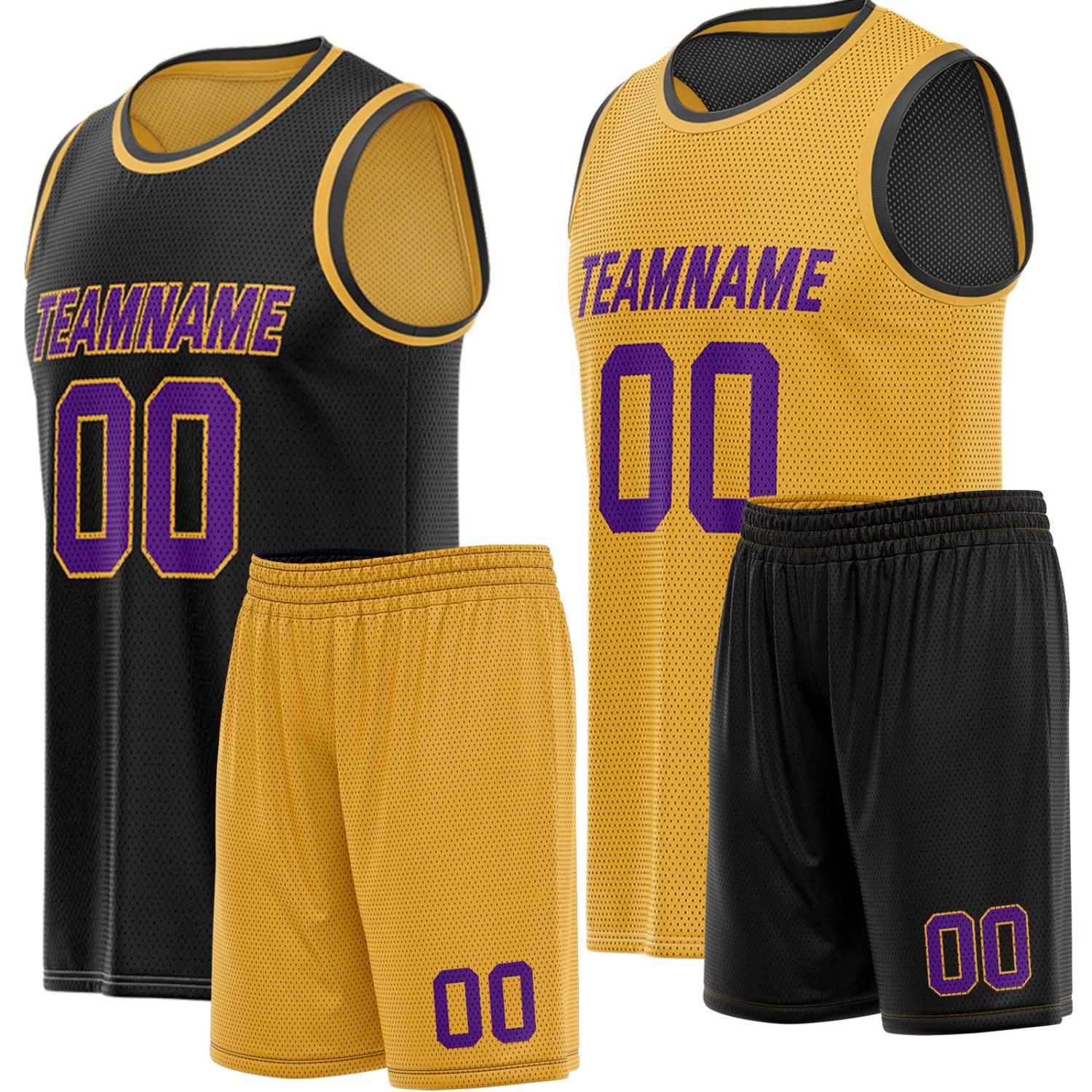 Custom reversible black & gold basketball uniform, personalized team name number Logo breathable Mesh sports set for men women youth Adult game practice - Vosoli
