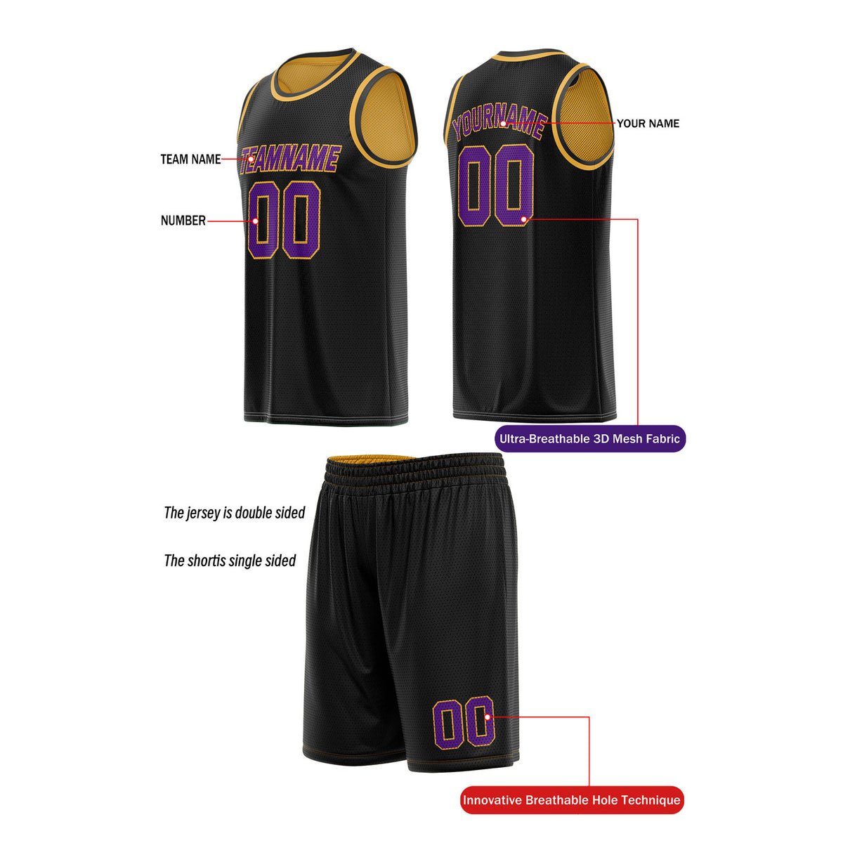Custom Reversible Black & Gold Basketball Uniform (Jersey + Shorts) | Personalized Team Set | Vosoli